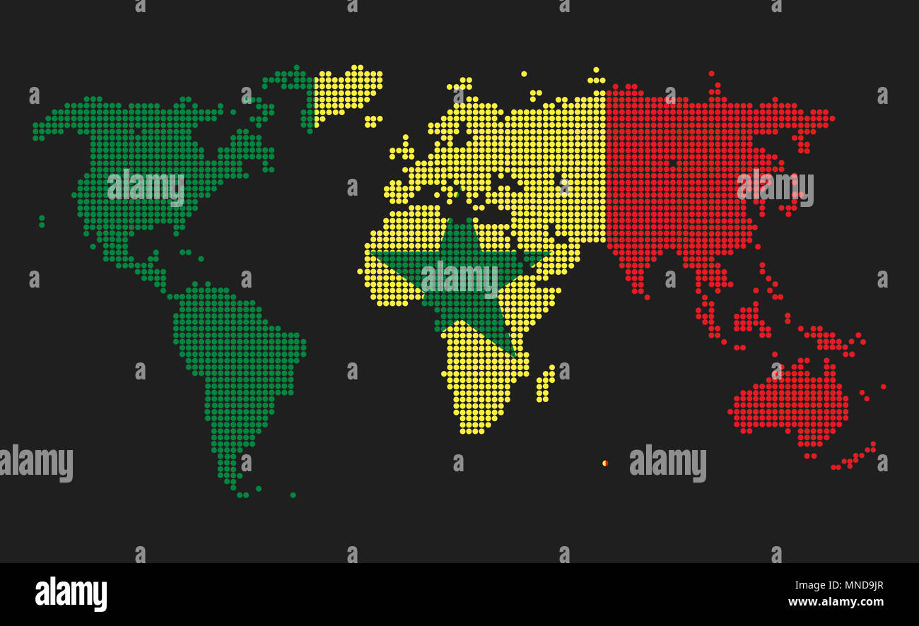 Gepunktete Weltkarte im Senegal Flagge Farben auf grauem Hintergrund. Stockfoto