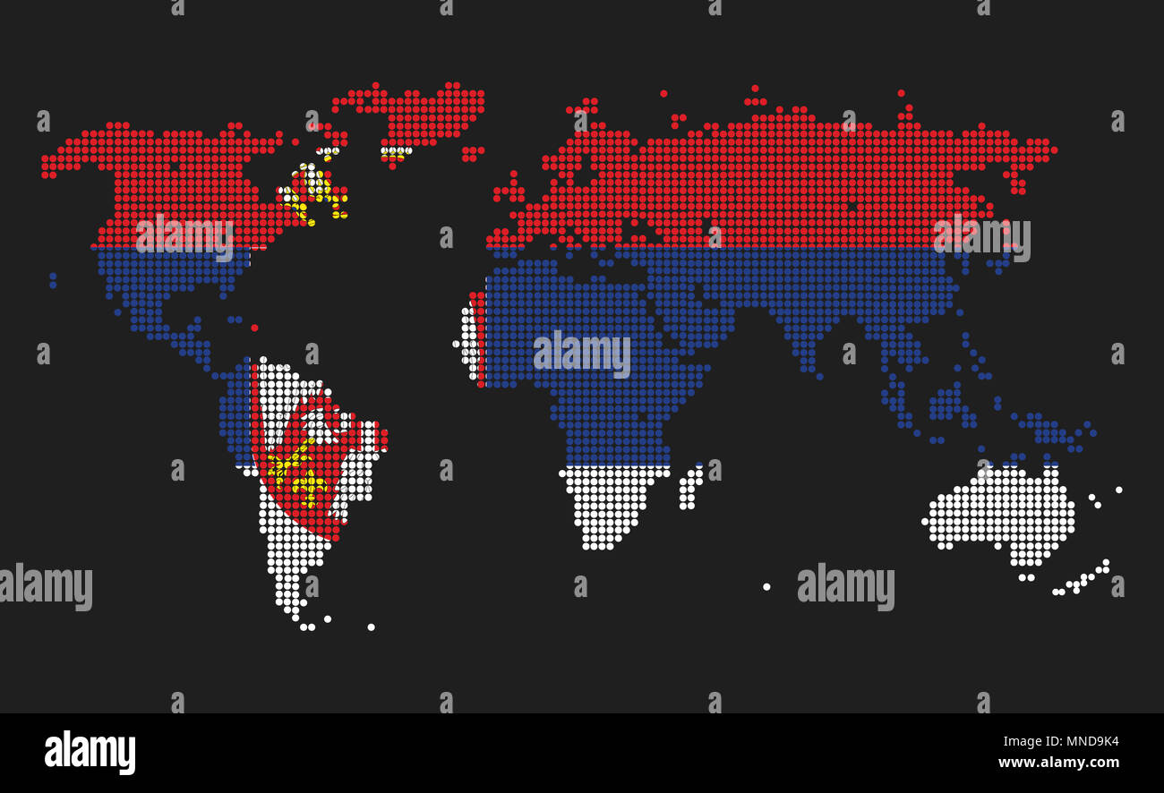 Gepunktete Weltkarte in Serbien Flagge Farben auf grauem Hintergrund. Stockfoto