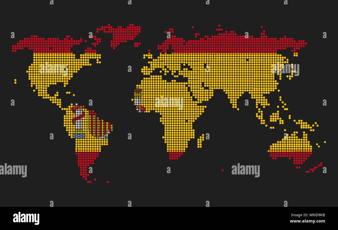 Gepunktete Weltkarte in Spanien Flagge Farben auf grauem Hintergrund. Stockfoto