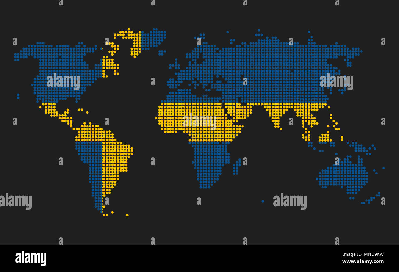 Gepunktete Weltkarte in Schweden Flagge Farben auf grauem Hintergrund. Stockfoto