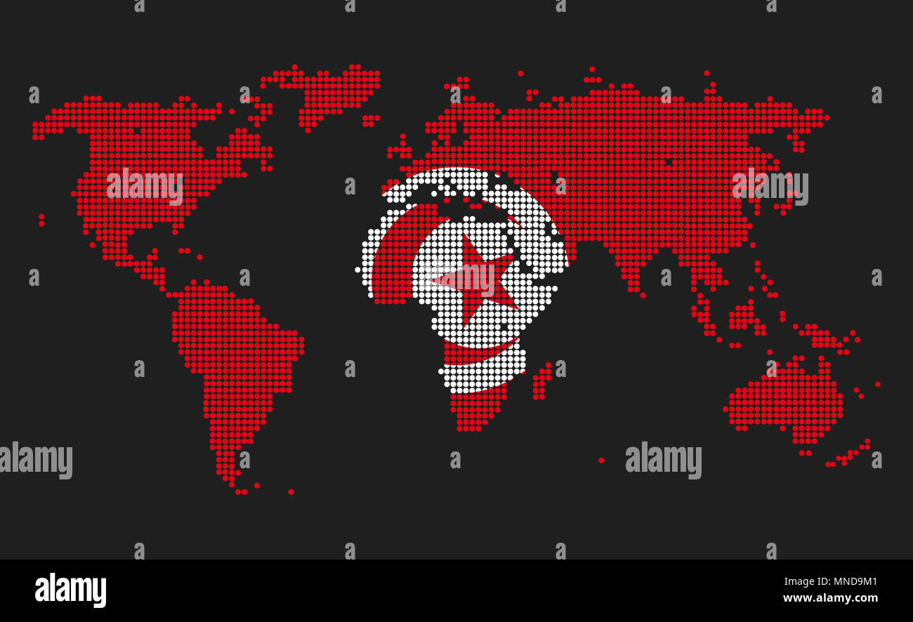 Gepunktete Weltkarte in Tunesien Flagge Farben auf grauem Hintergrund. Stockfoto