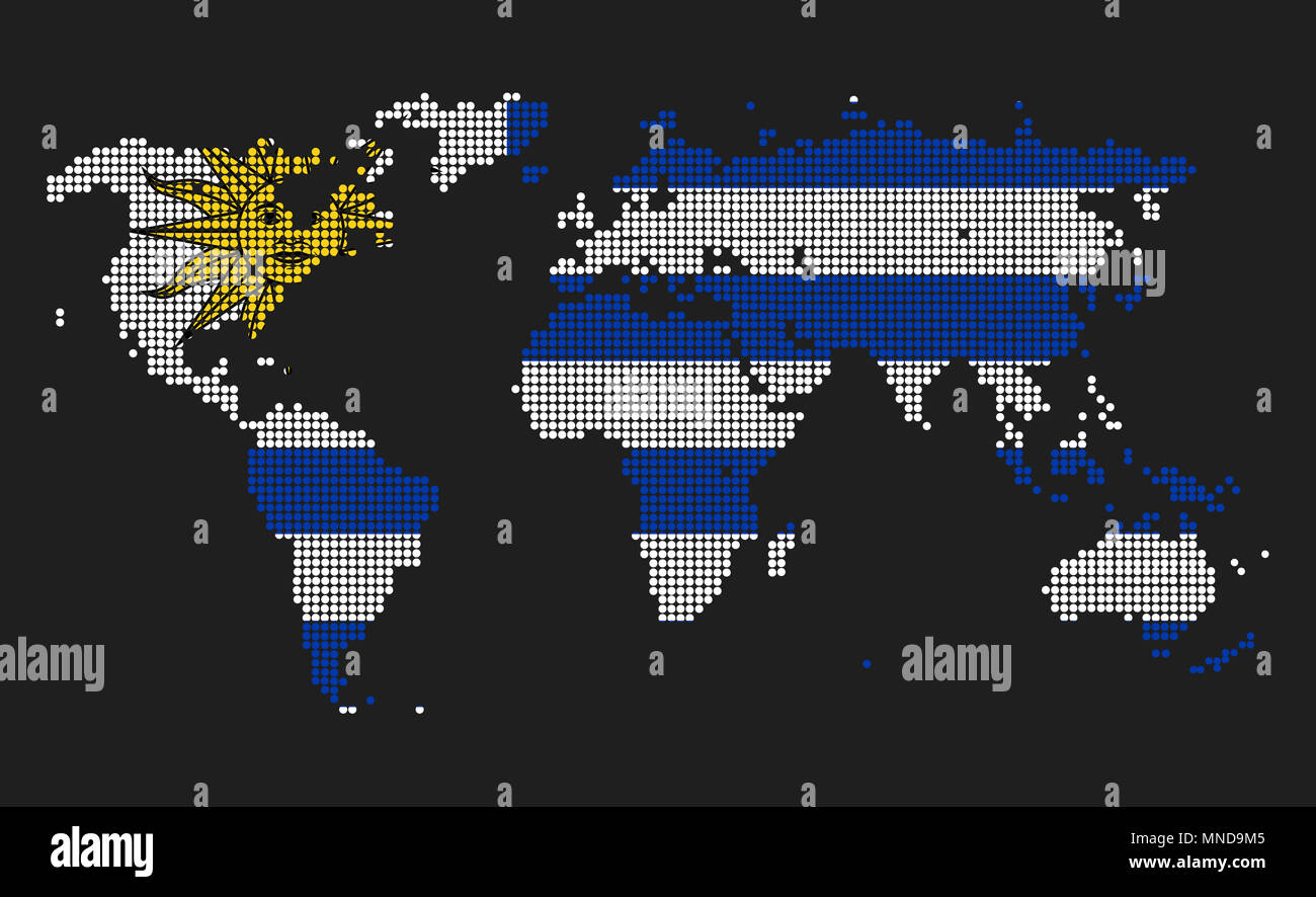 Gepunktete Weltkarte in Uruguay Flagge Farben auf grauem Hintergrund. Stockfoto