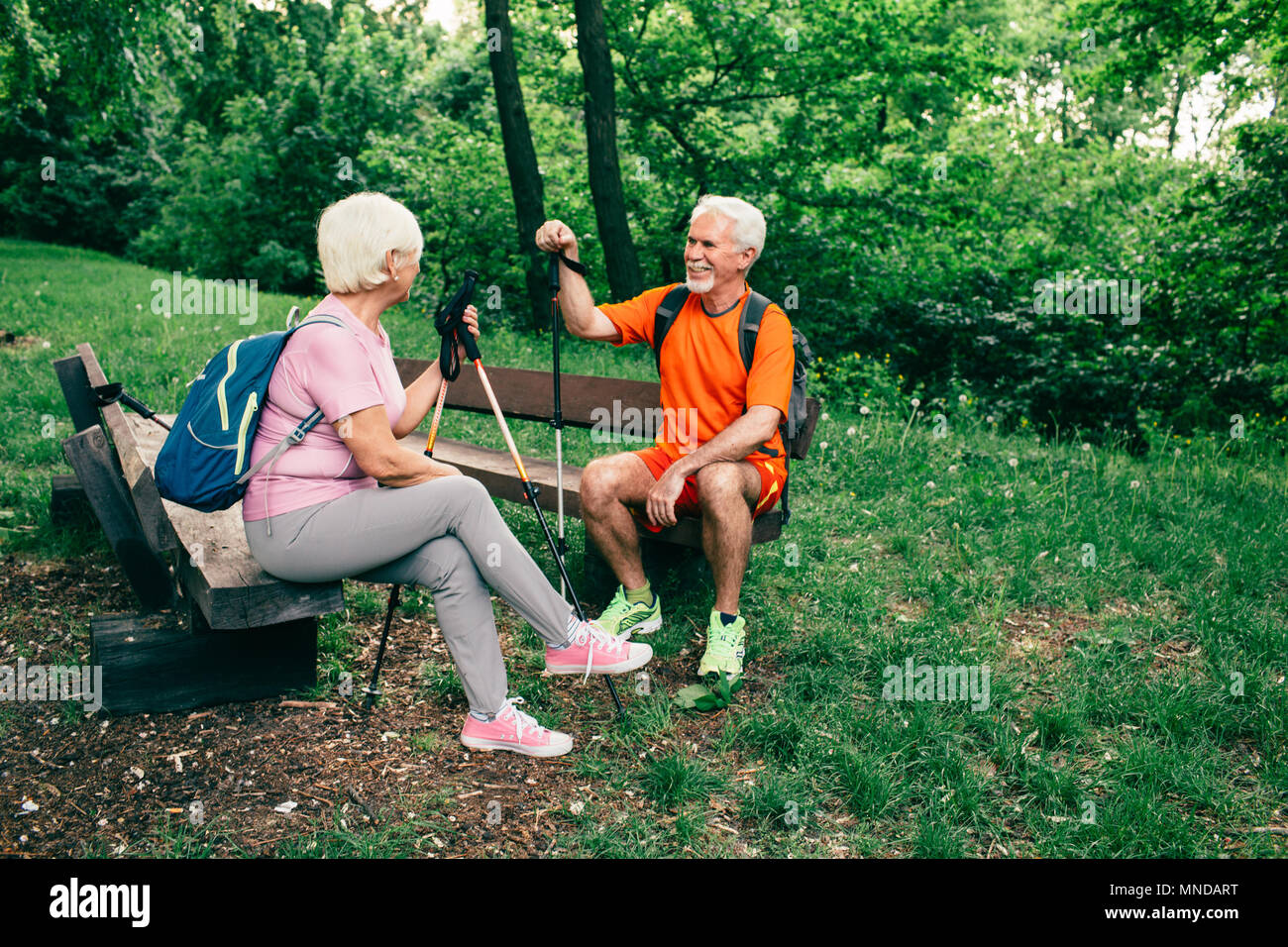 Senior paar Wanderer mit Pfosten ruht Stockfoto