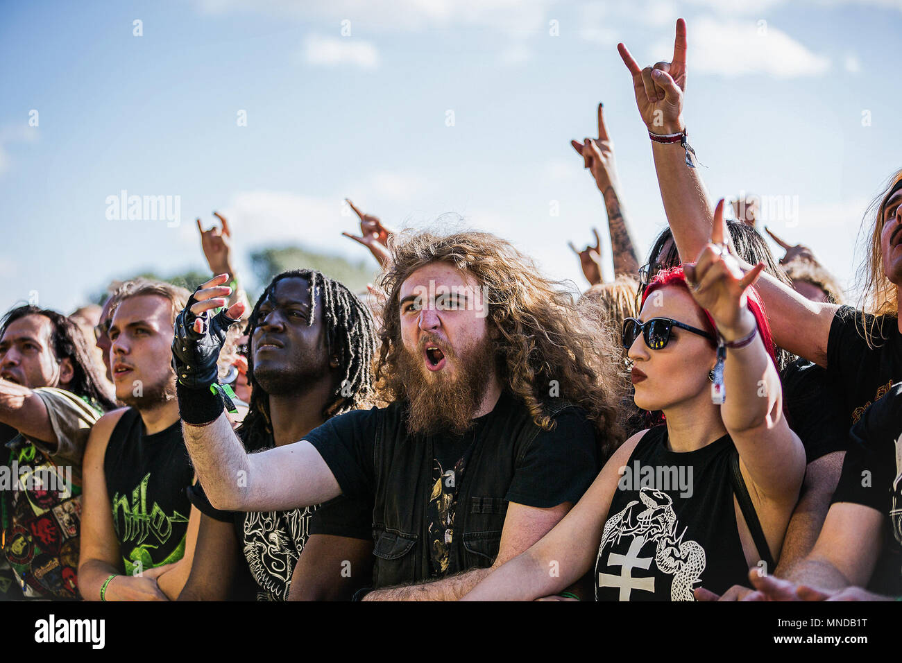 Musik Festival Menge. Heavy Metal Music Festival crowd beobachten mit Hörnern in der Luft Stockfoto