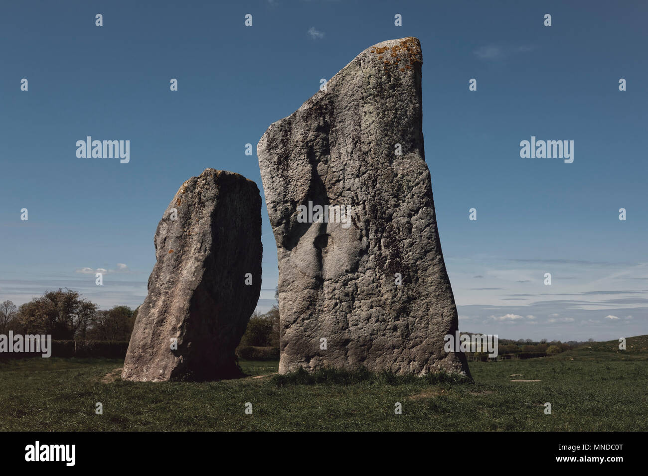 Standing Stones in Feld gegen Himmel, Avebury, Wiltshire, Großbritannien Stockfoto