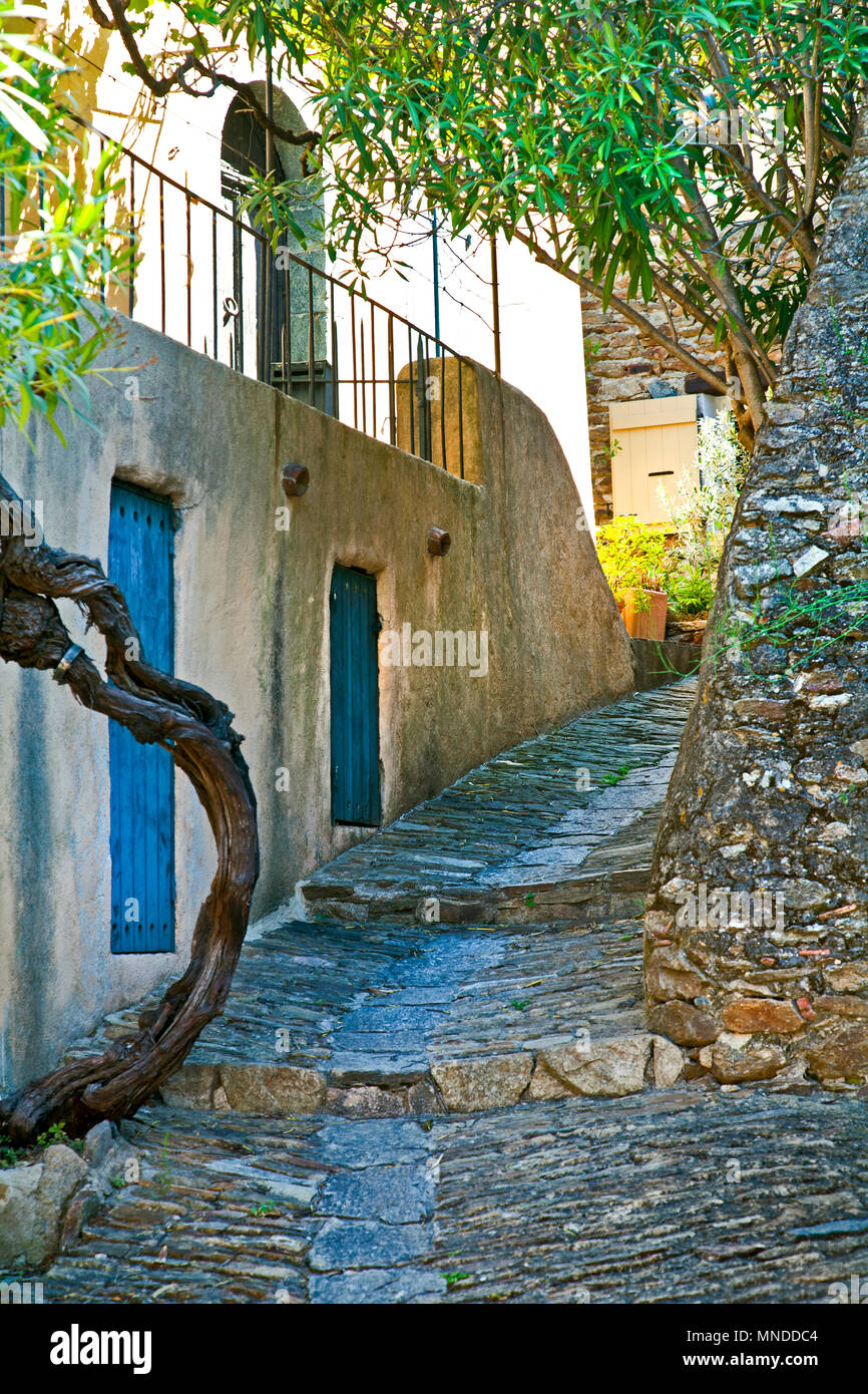 Einen knorrigen Baum Frames ein Stein gepflasterten Straße mit Häusern in Spanien Stockfoto