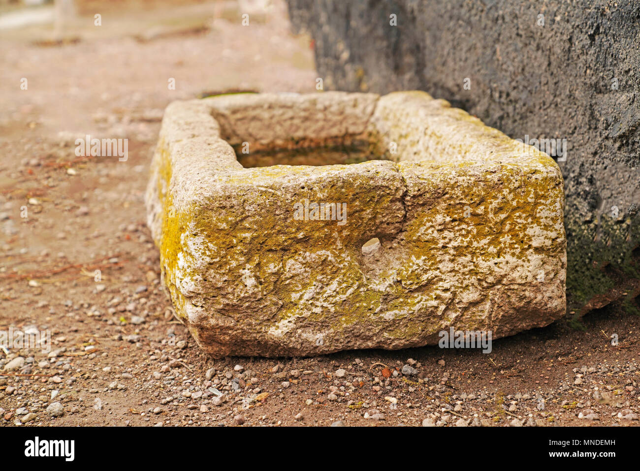 Moos bedeckt Stein Wassertrog Stockfoto