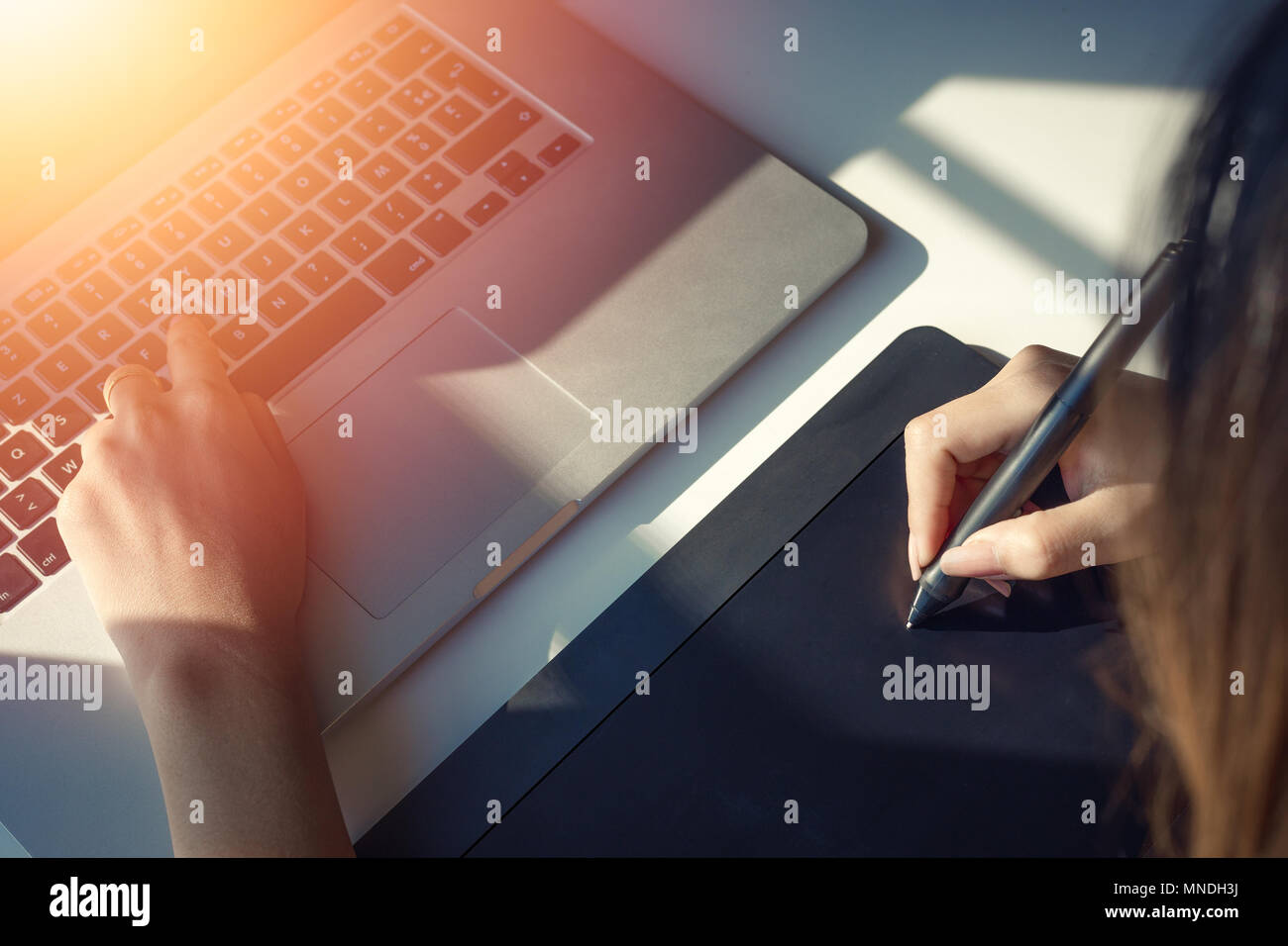Nahaufnahme der Graphic Designer hand mit digitalen Stift mit Sonnenlicht. selektive Fokus Stockfoto