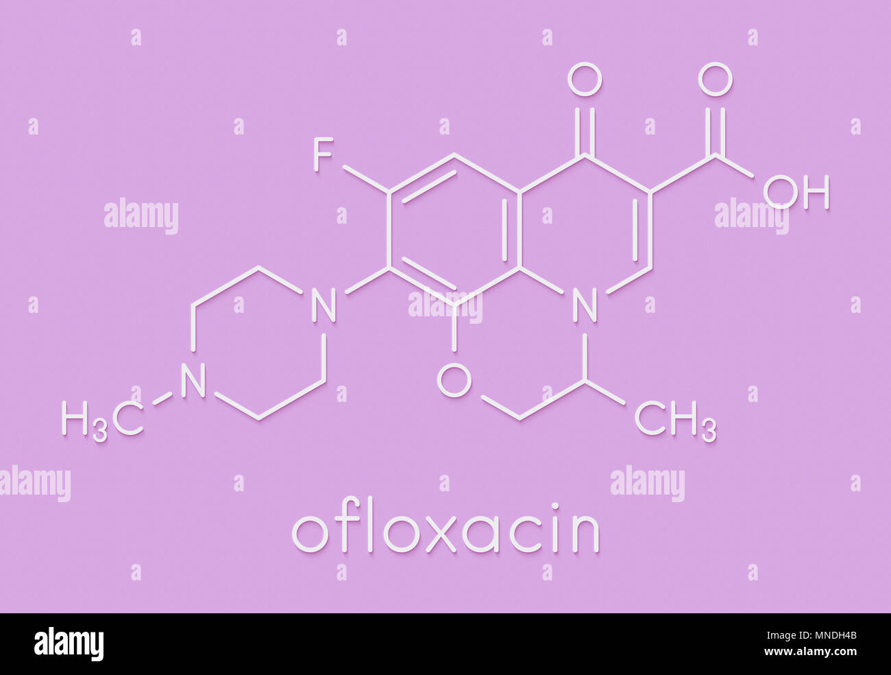Ofloxacin fluoroquinolone Antibiotikum Medikament Molekül. Skelettmuskulatur Formel. Stockfoto