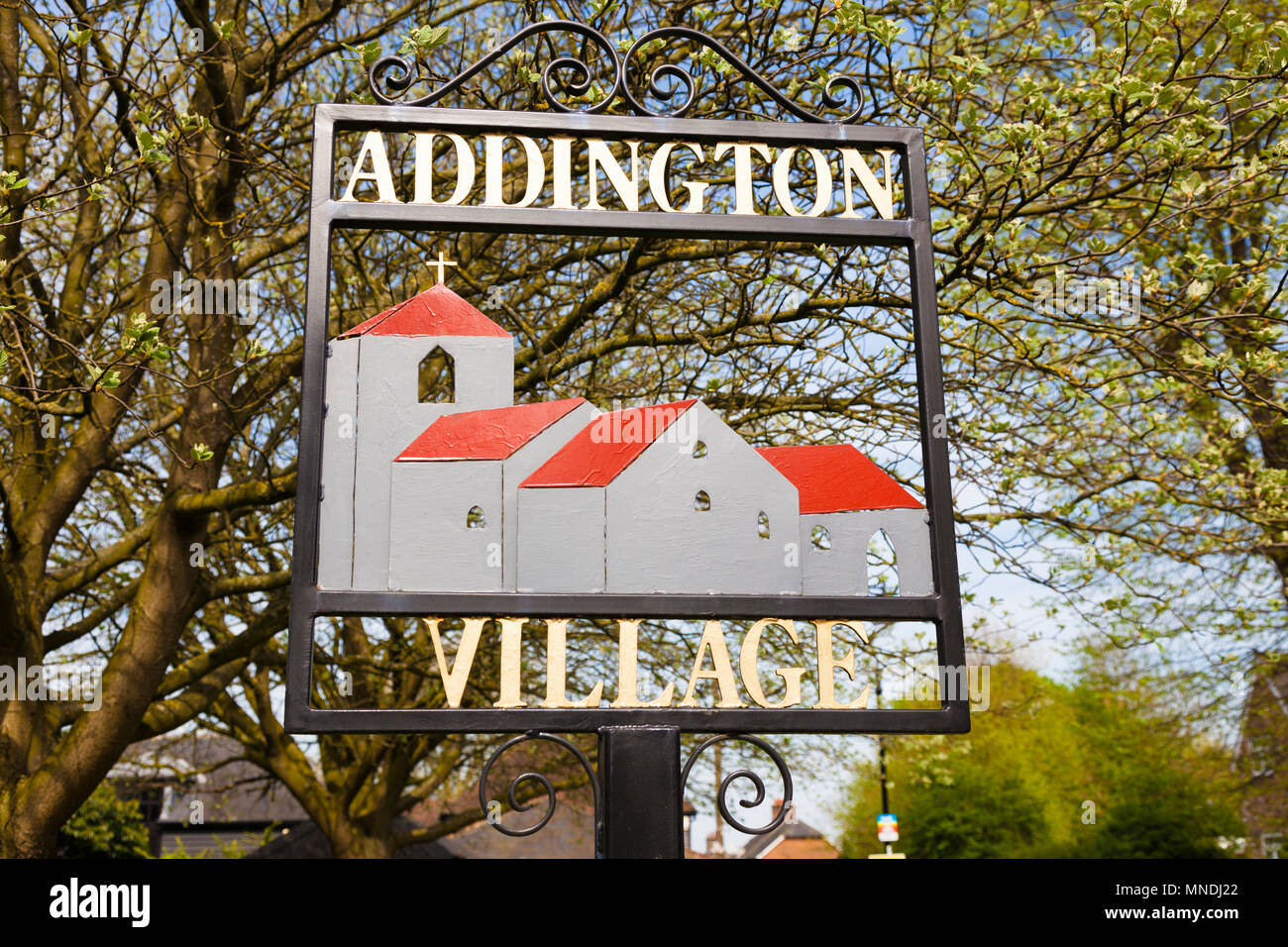 Ortsschild, Addington Dorf in South East London, London Borough von Croydon, Großbritannien Stockfoto