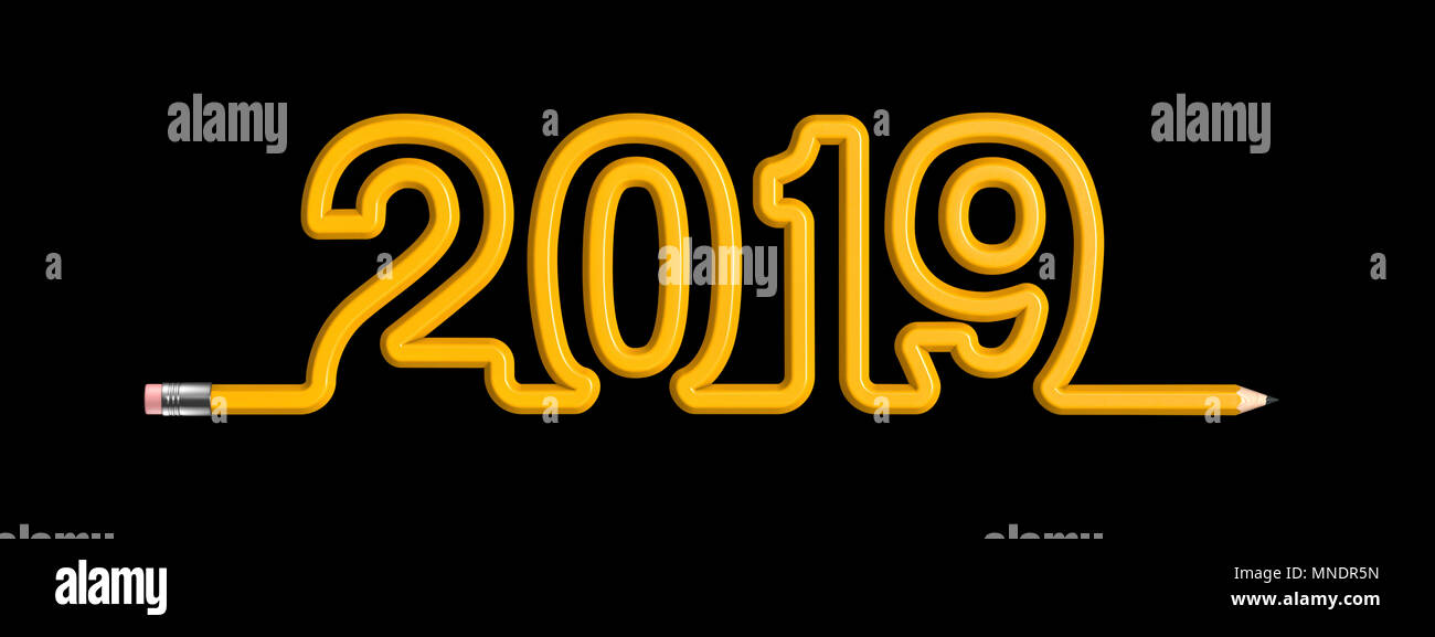Bleistift 2019 Konzept/3D-Darstellung der gelbe Bleistift aus Holz bilden 2019 text Stockfoto
