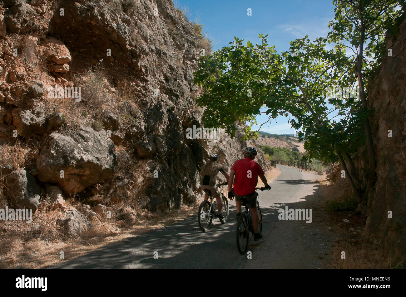 Greenway der Subbetica (alte Bahnlinie der sogenannten "Öl") - Pfad und Radfahrer. Cabra. Provinz Córdoba. Region Andalusien. Spanien. Eu Stockfoto Greenway der Subbetica (alte Bahnlinie der sogenannten "Öl") - Pfad und Radfahrer. Cabra. Provinz Córdoba. Region Andalusien. Spanien. Eu Stockfoto