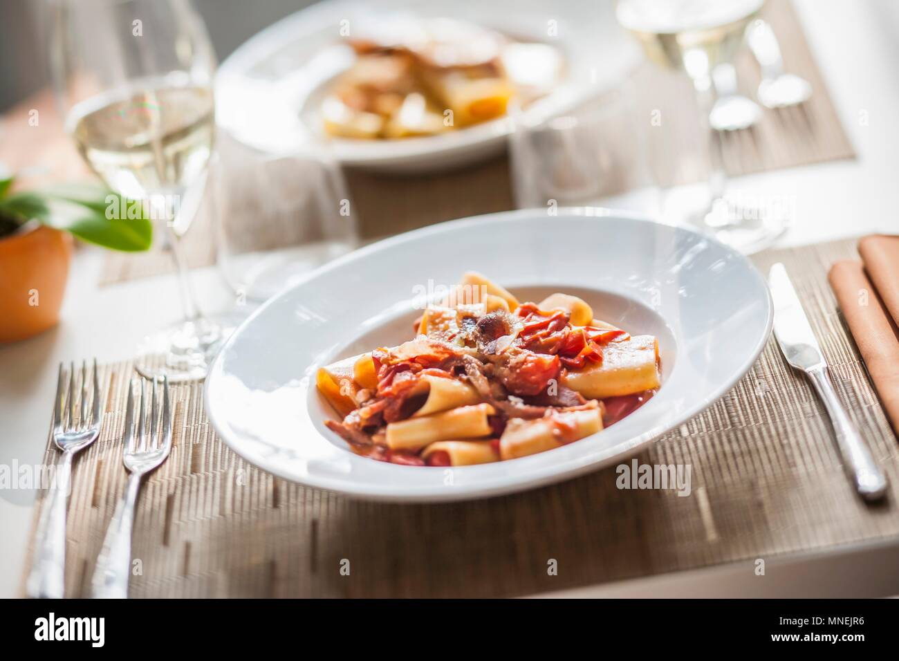 Paccheri all'amatriciana (Nudeln mit Speck und Chilis, Italien) Stockfoto