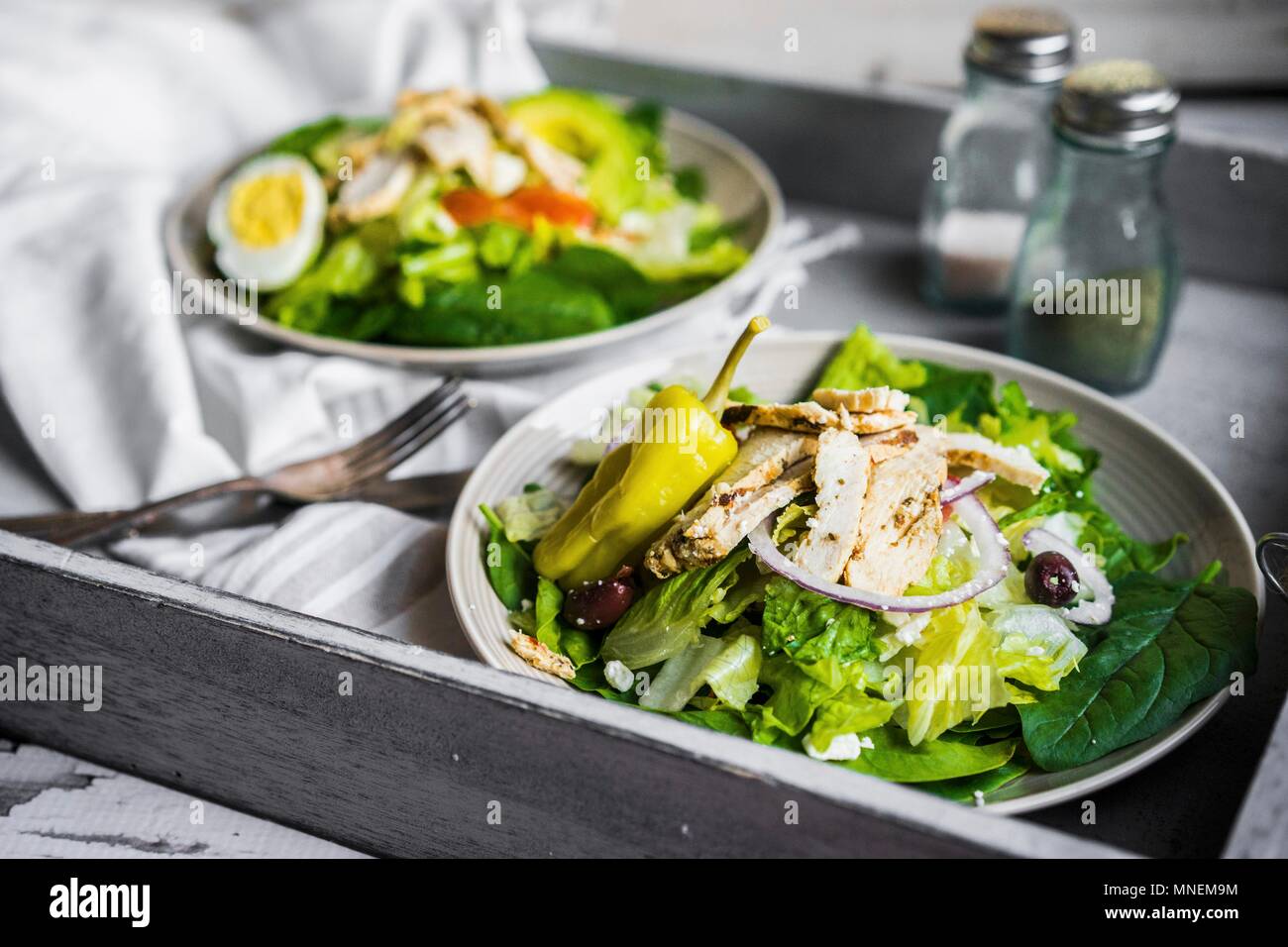 Grüner Salat mit Hühnchen, Chilis, roten Zwiebeln und Oliven Stockfoto