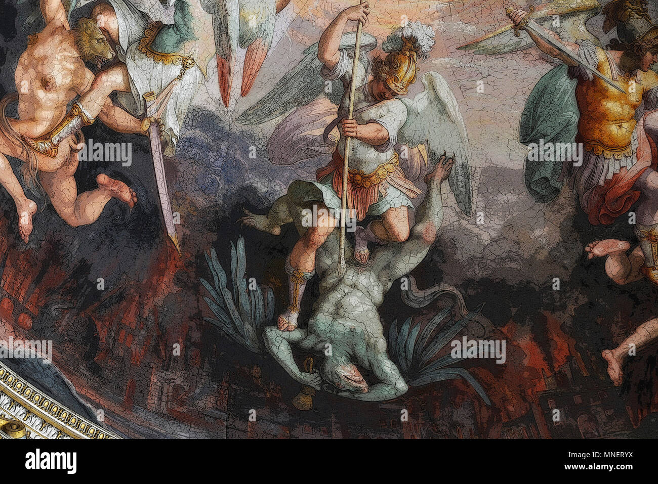 Engel Töten von Dämonen, Fresko in der Kapelle von Pius V. (in PS gerendert) von Giorgio Vasari, Vatikan, Rom, Italien Stockfoto