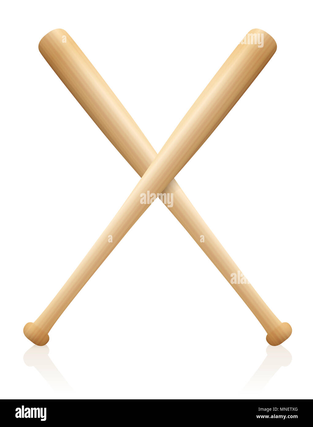 Baseballschläger x gekreuzt. Symbol für den sportlichen Wettkampf, Spiel, Wettbewerb, Kampf, Kämpfen. Holz- Strukturierte - Abbildung von zwei fledermäuse auf Weiß. Stockfoto