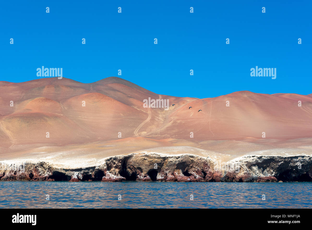 Die Paracas Wüste vom Meer aus gesehen. Stockfoto
