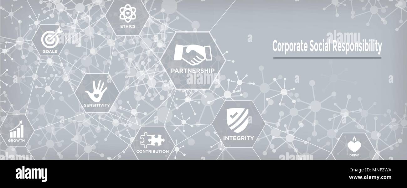 CSR - Corporate Social Responsibility Web Banner mit Icon Set mit Ehrlichkeit, Integrität, Zusammenarbeit, etc. Stock Vektor