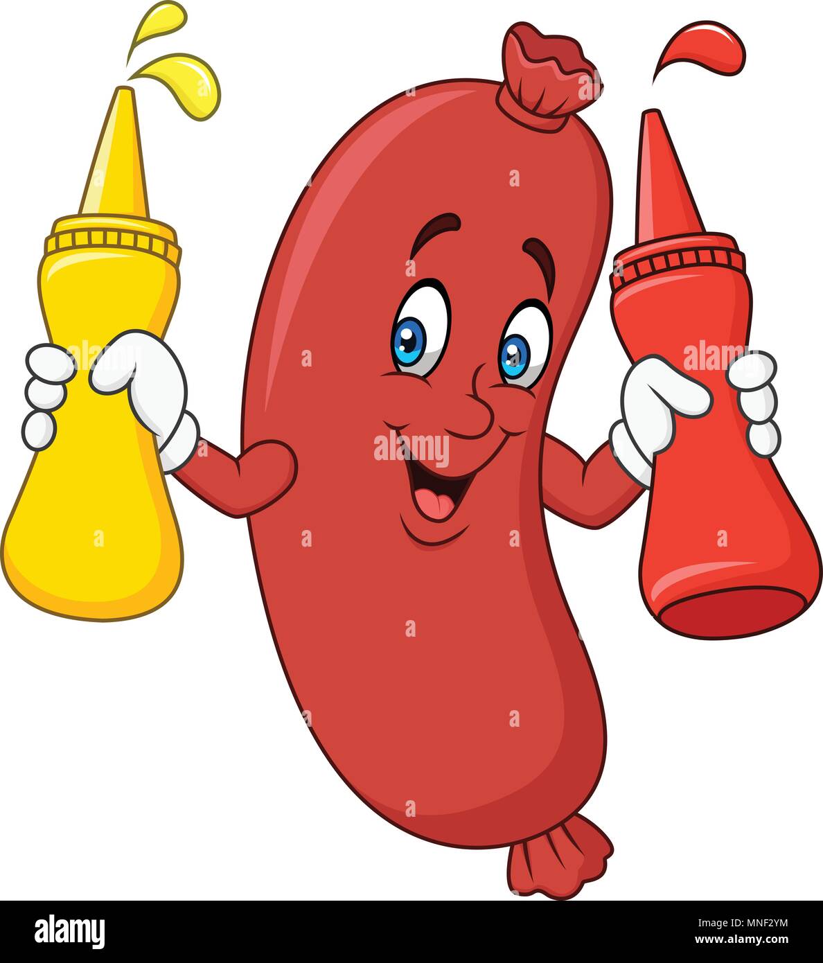 Cartoon Würstchen mit Senf, Ketchup squeeze Flaschen Stock Vektor