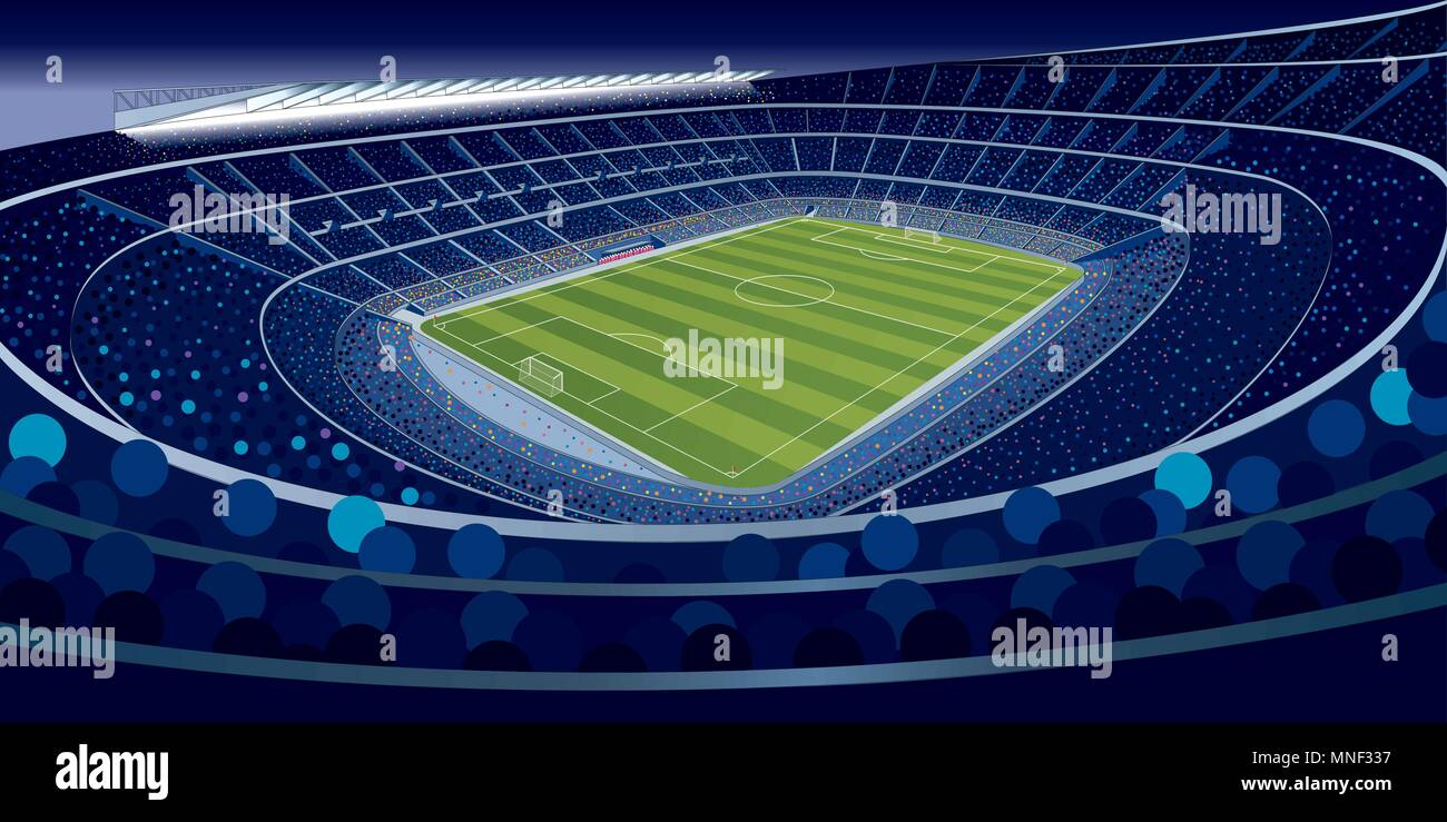 Zeichnung von einem Stadion voller Menschen nachts in Blautönen mit großem Betrachtungswinkel und im großen Format. Vector Illustration Stock Vektor