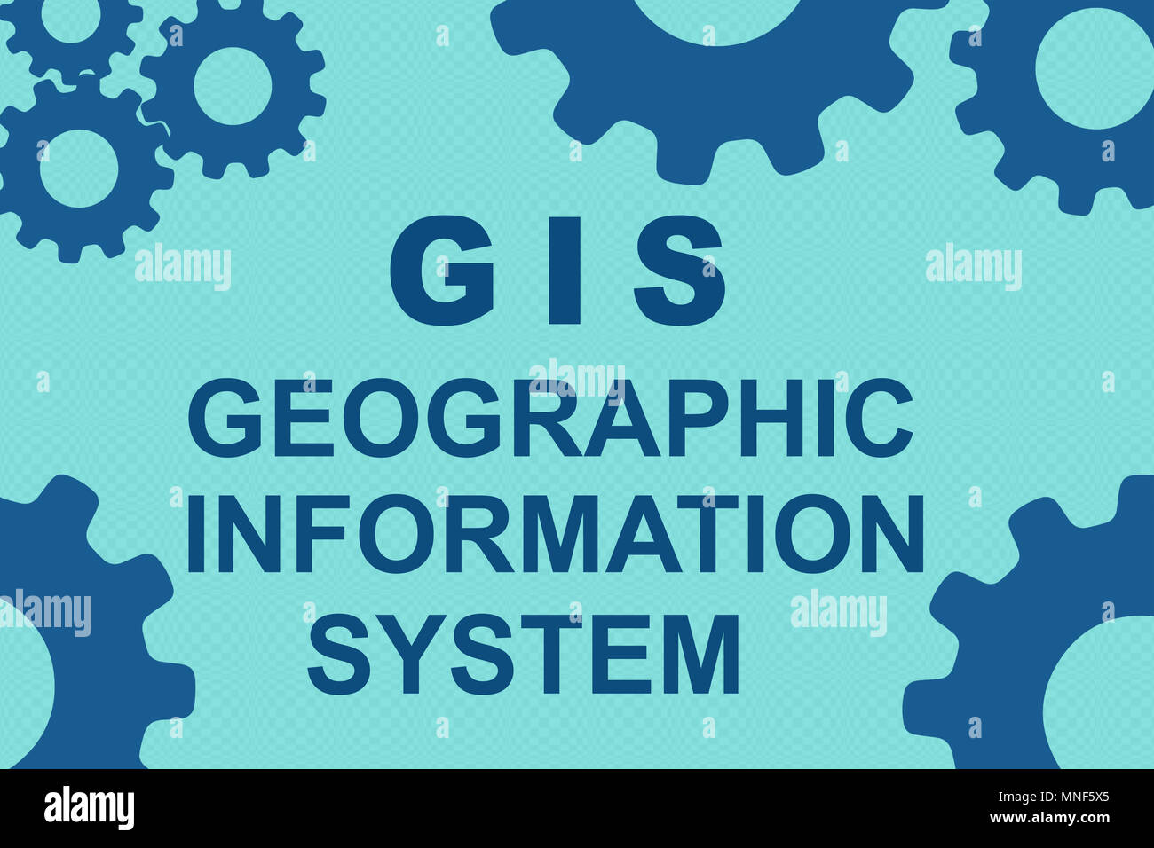GIS (Geographic Information System) Konzeption Illustration mit blauen Zahnrad Figuren auf hellblauem Hintergrund Stockfoto