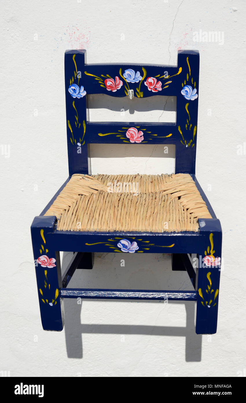 Malte Stuhl, ein traditionelles Handwerk des Alentejo. Monsaraz, Portugal Stockfoto