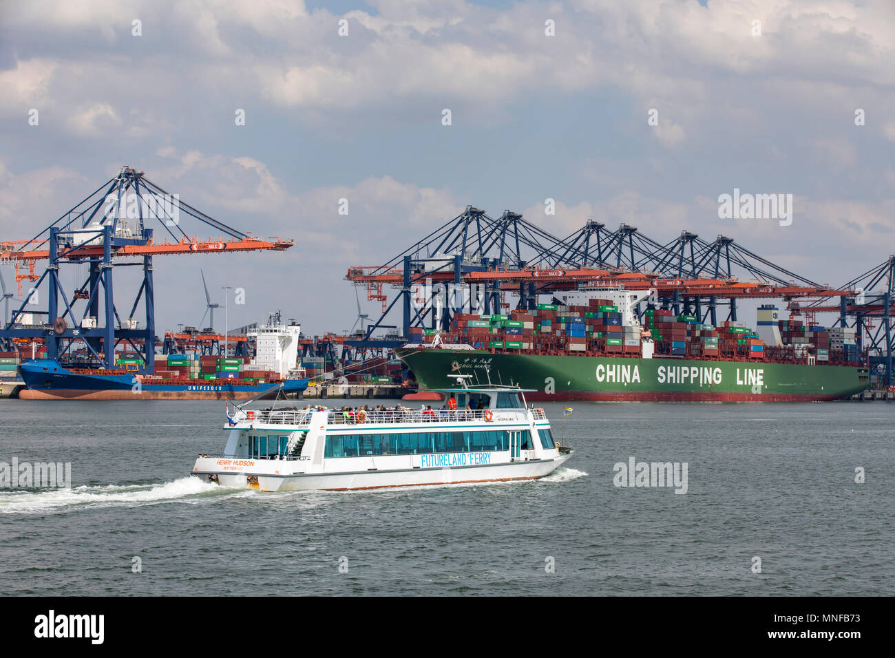 Der Hafen von Rotterdam, Niederlande, Maasvlakte 2 Deep Sea Port, auf einer künstlich konstruierte Fläche vor der ursprünglichen Küste, Euromax Co Stockfoto
