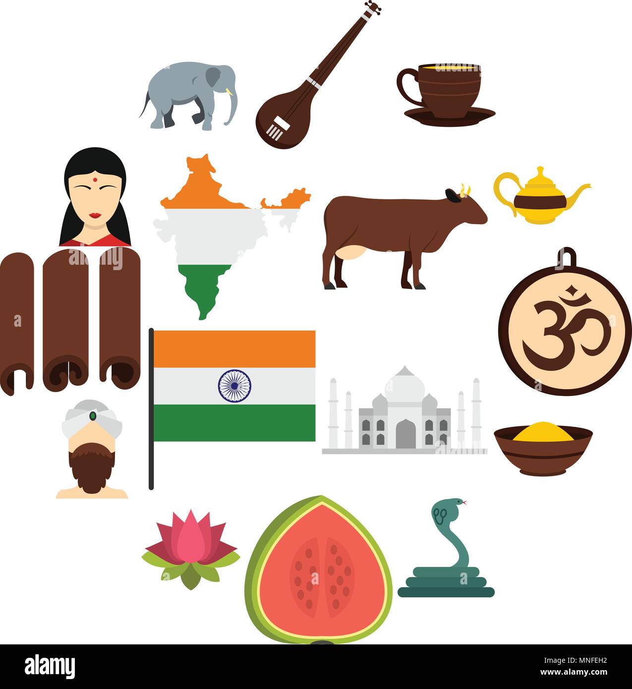 Indien Reisen Symbole im flachen Stil festlegen Stock Vektor