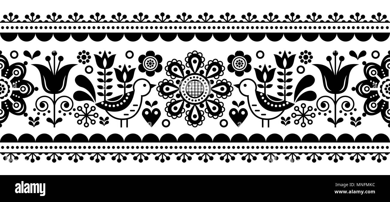 Skandinavische nahtlose Vektor Muster mit Blumen und Vögeln, Nordic Folk Art sich wiederholende Schwarz und Weiß ornament Stock Vektor