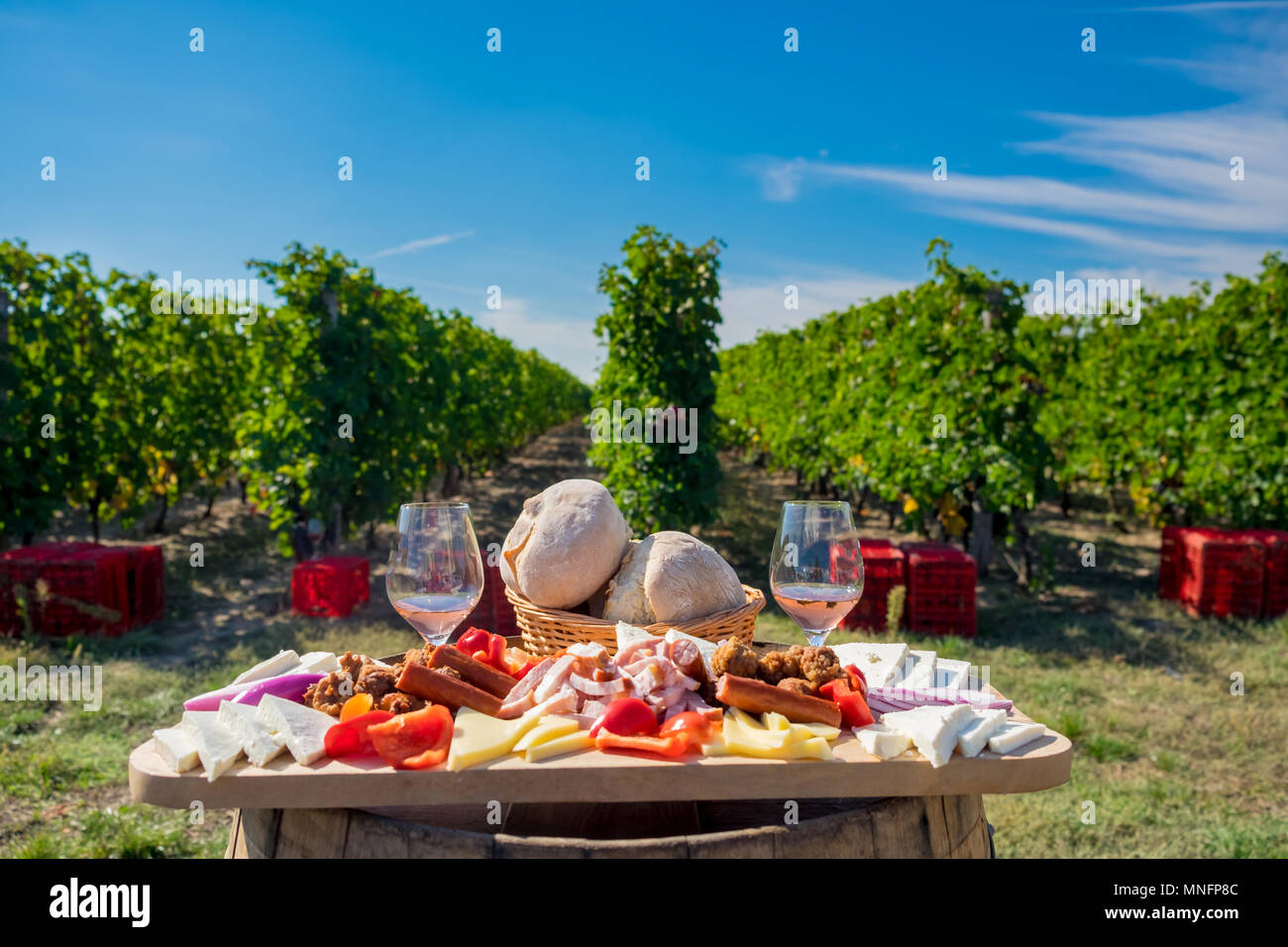 Traditionelles Essen Platte mit Wein und Weinberge im Hintergrund. Käse, Brot, Wurst, Zwiebeln und roter Wein im Glas Stockfoto