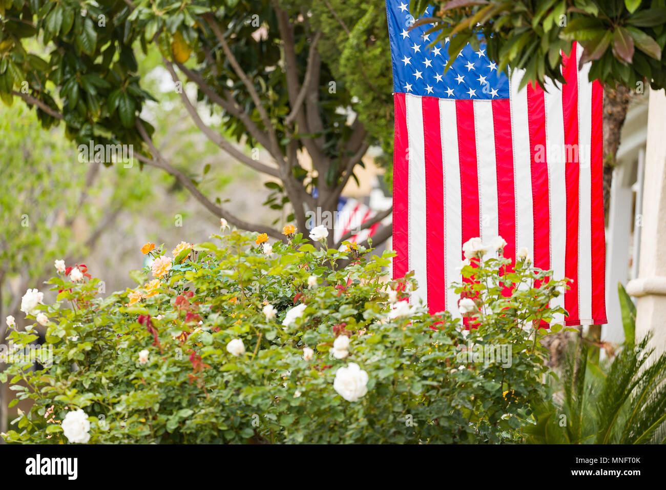 Veranden mit amerikanische Flaggen. Stockfoto