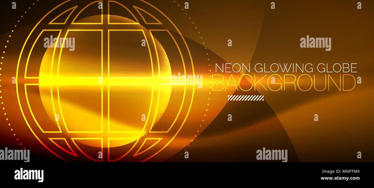 Techno Globus Konzept, neon leuchten Planeten. Techno Globus Konzept, Orange Neon Glow Planet auf dunklen abstrakte Farbe Hintergrund, Licht Effekte Stock Vektor