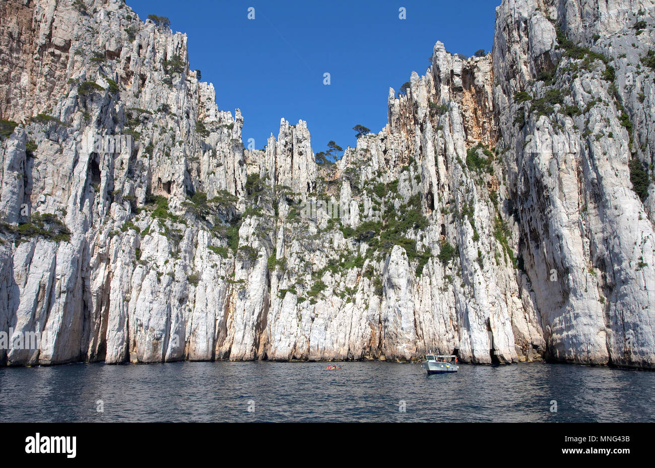Calanque Oule, eindrucksvollen Kalkfelsen an der Calanques, Bouches-du-Rhône, Côte d'Azur, Südfrankreich, Frankreich, Europa Stockfoto