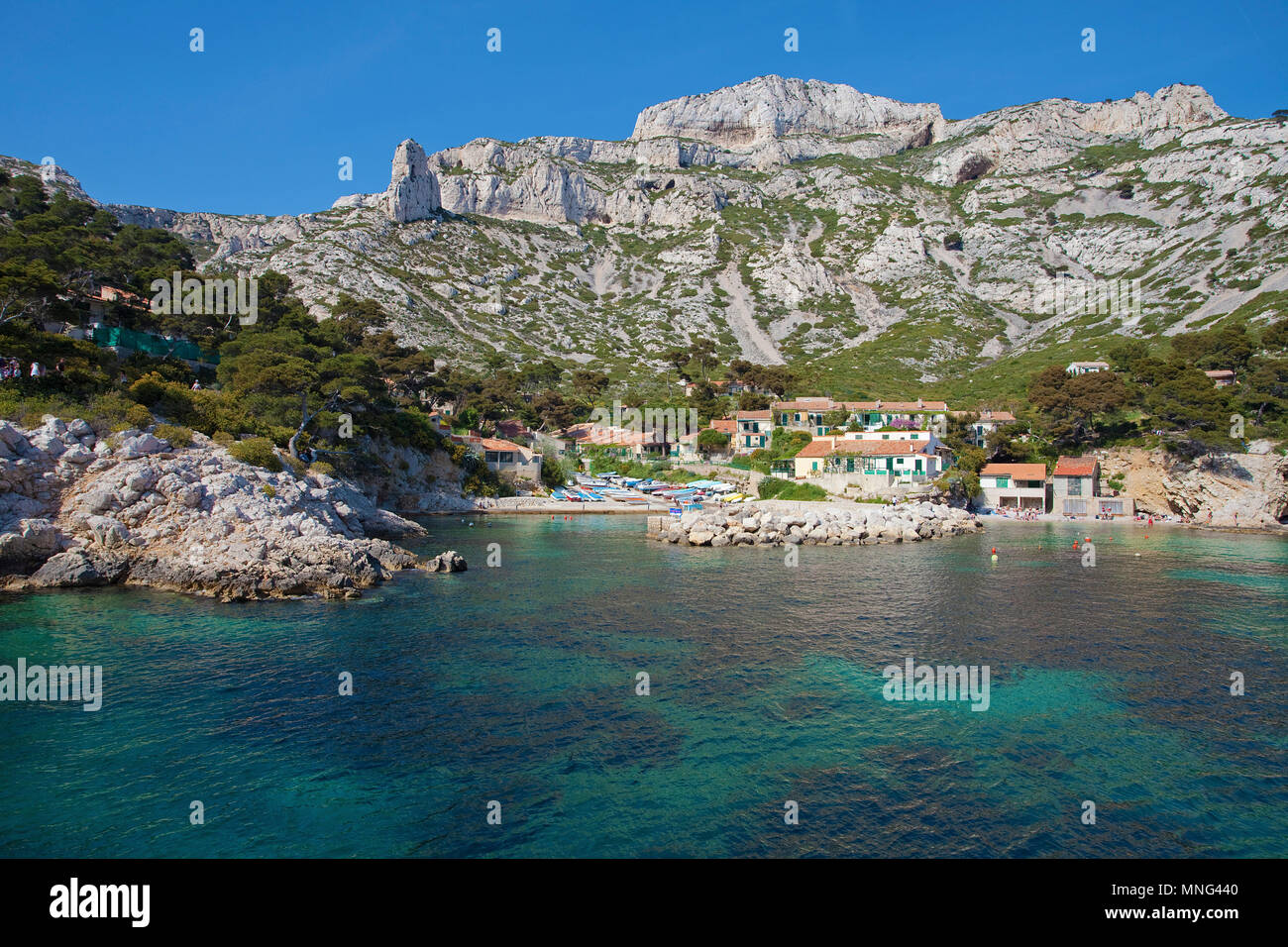 Calanque de Sormiou, Calanques, Bouches-du-Rhône, Côte d'Azur, Südfrankreich, Frankreich, Europa Stockfoto