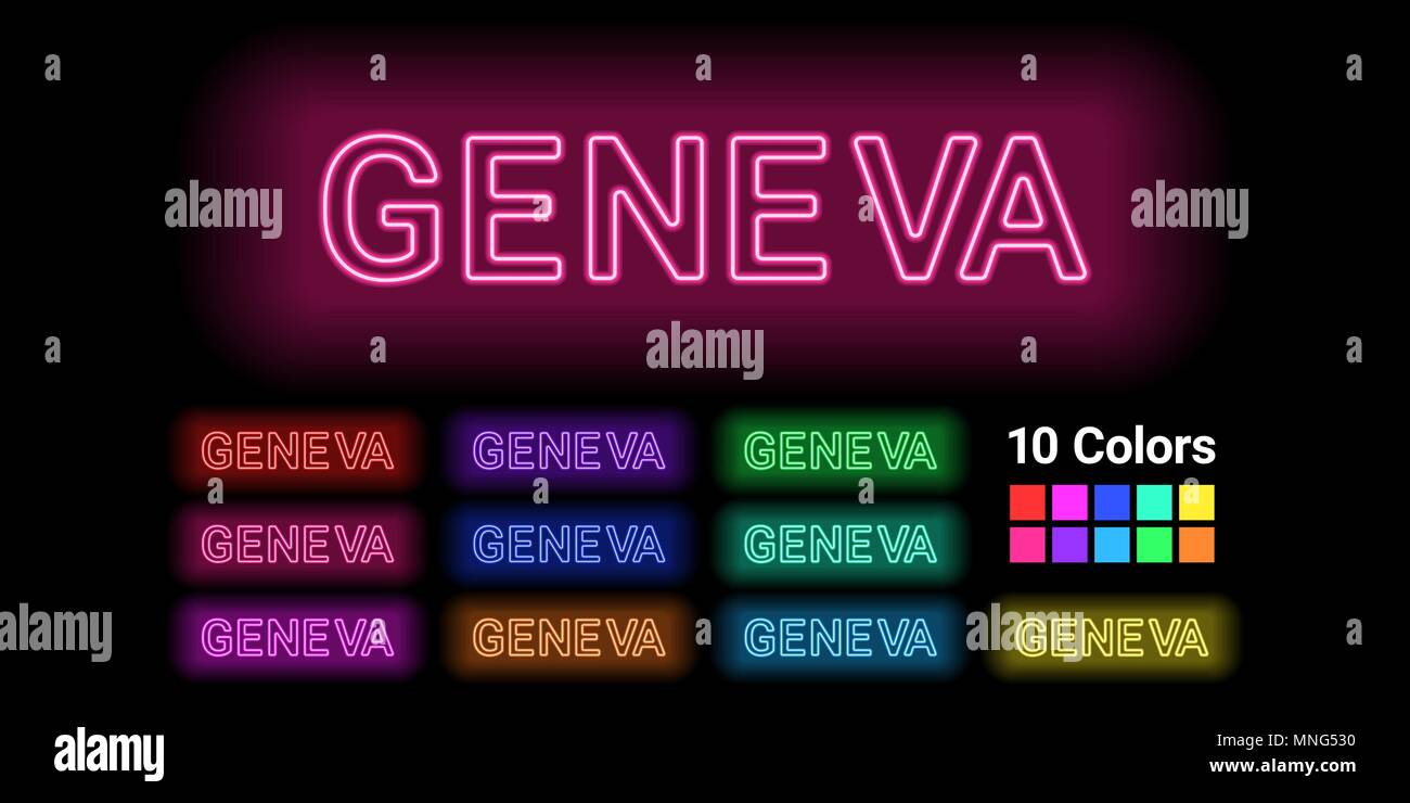Neon Name der Stadt Genf. Vector Illustration von Genf Inschrift aus Neon auf dem dunklen Hintergrund skizziert, mit Hintergrundbeleuchtung. Der unterschiedliche Stock Vektor
