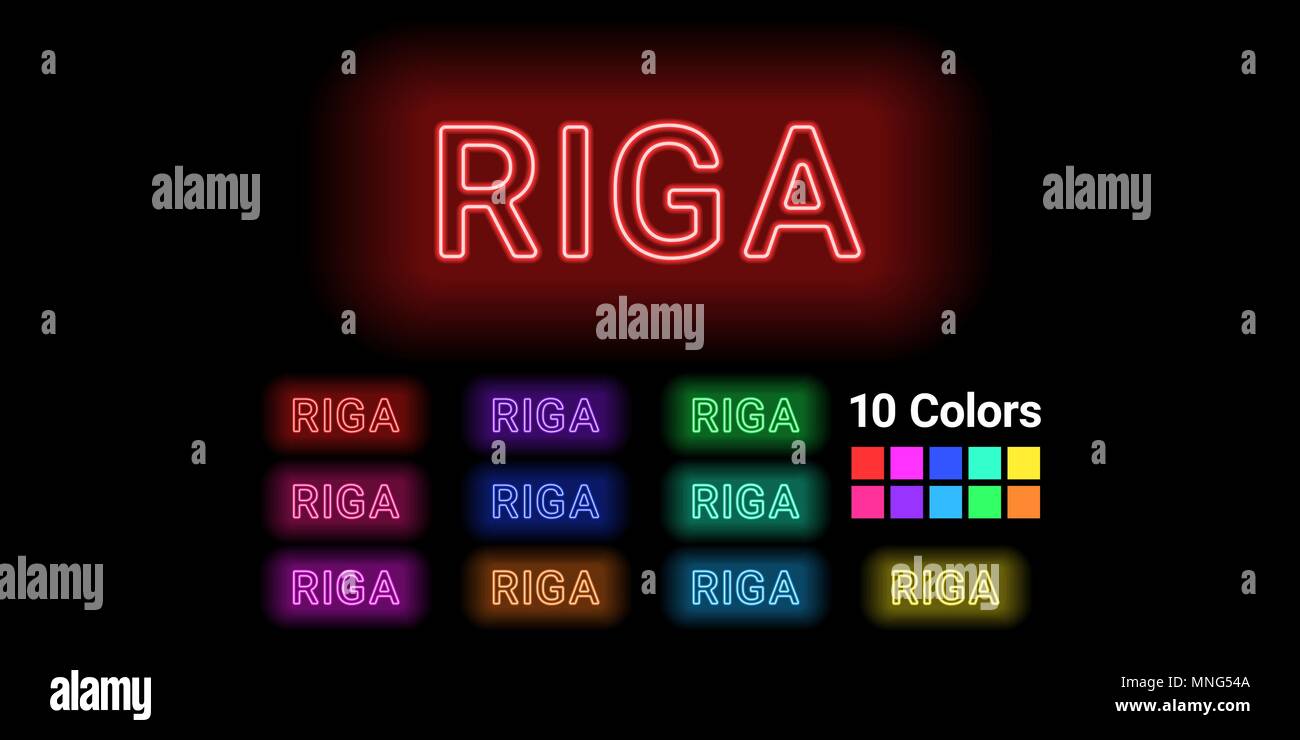 Neon Name der Stadt Riga. Vector Illustration von Riga Inschrift aus Neon auf dem dunklen Hintergrund skizziert, mit Hintergrundbeleuchtung. Satz von verschiedenen c Stock Vektor