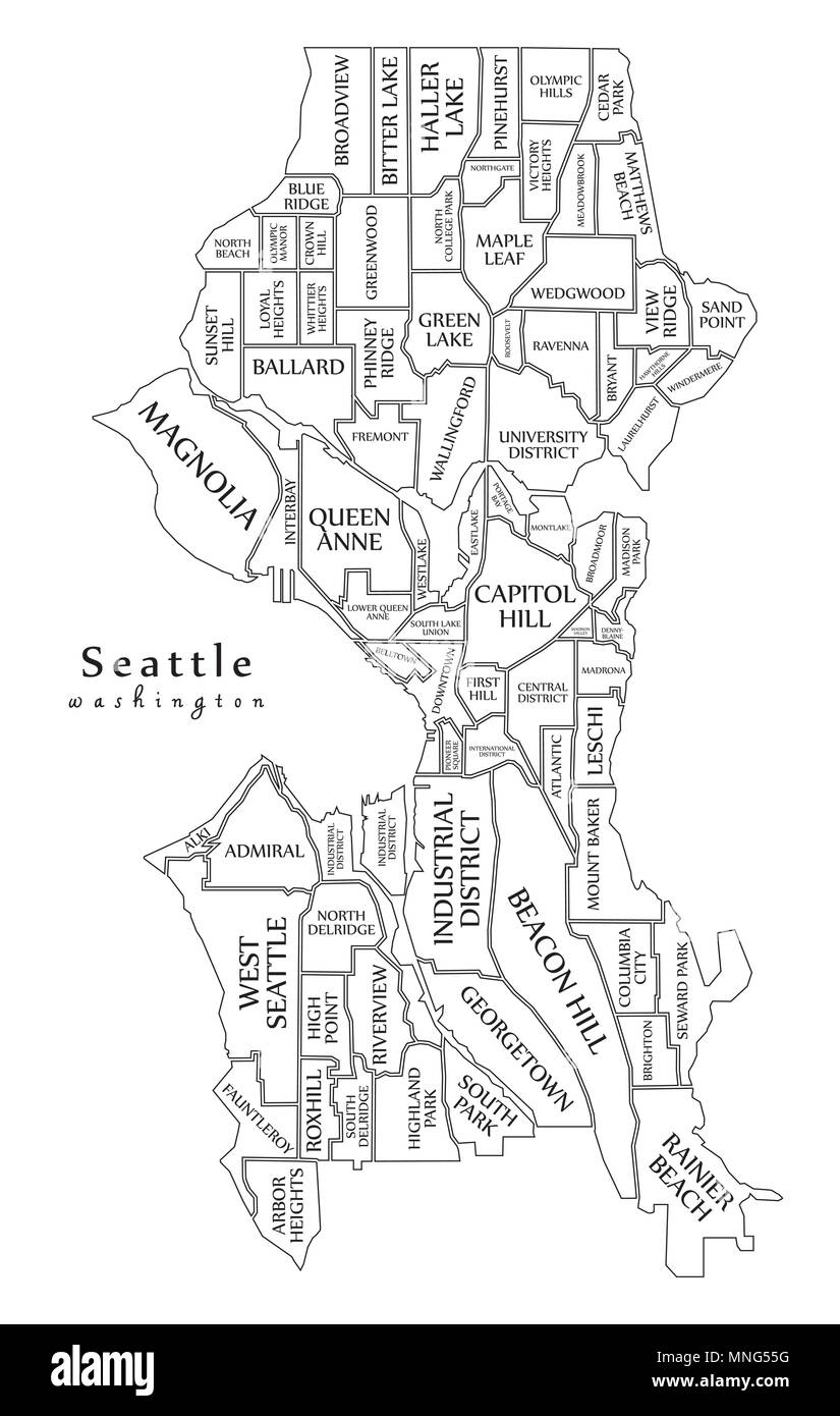 Moderne Stadtplan - Seattle Washington Stadt der USA mit Nachbarschaften und Titel Übersichtskarte Stock Vektor