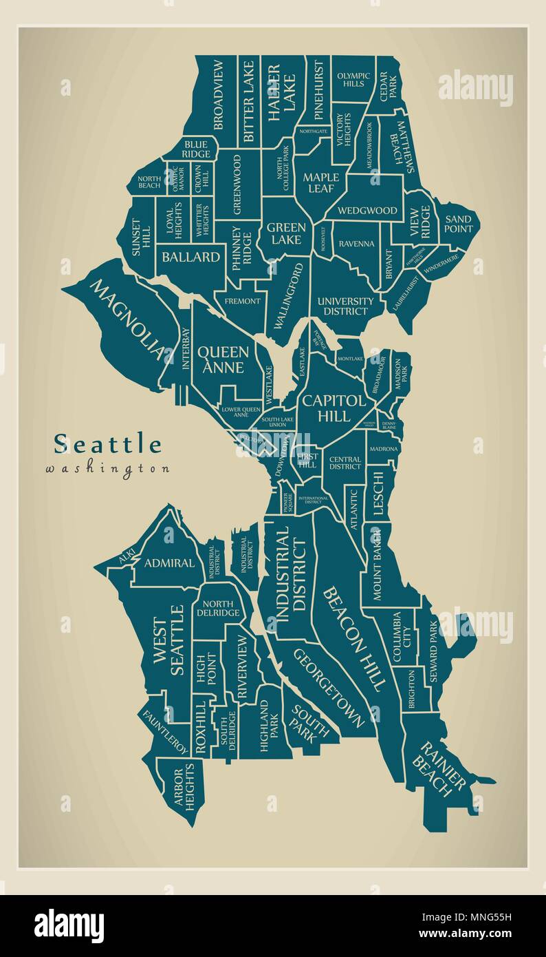 Moderne Stadtplan - Seattle Washington Stadt der USA mit Nachbarschaften und Titel Stock Vektor