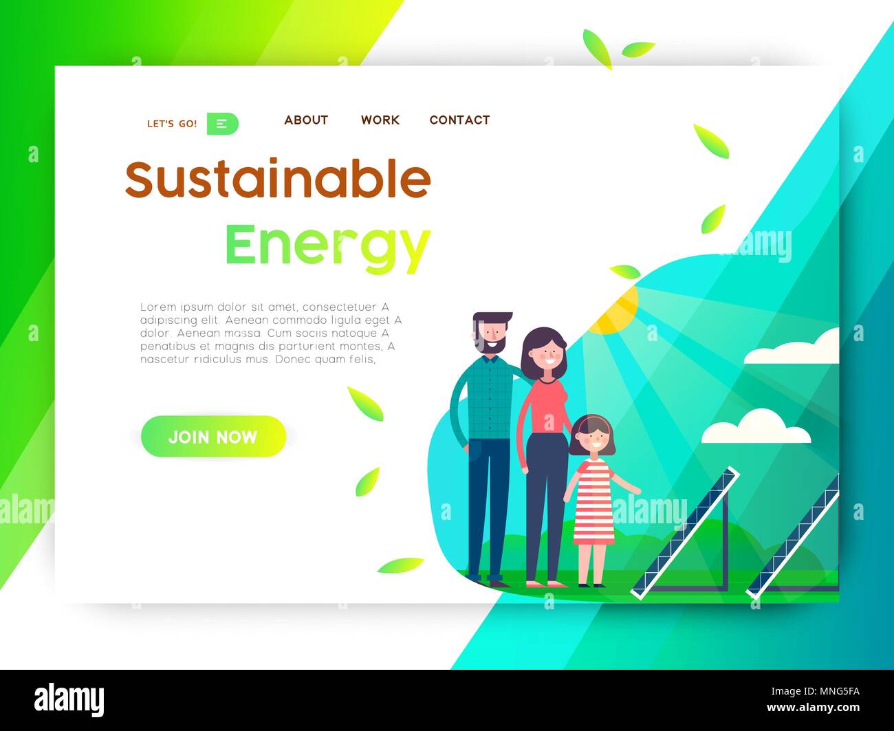 Landing Page für Kampagne für nachhaltige Energie. Online Internet Vorlage mit Darstellung der Familie im Eco Park. EPS 10 Vektor. Stock Vektor