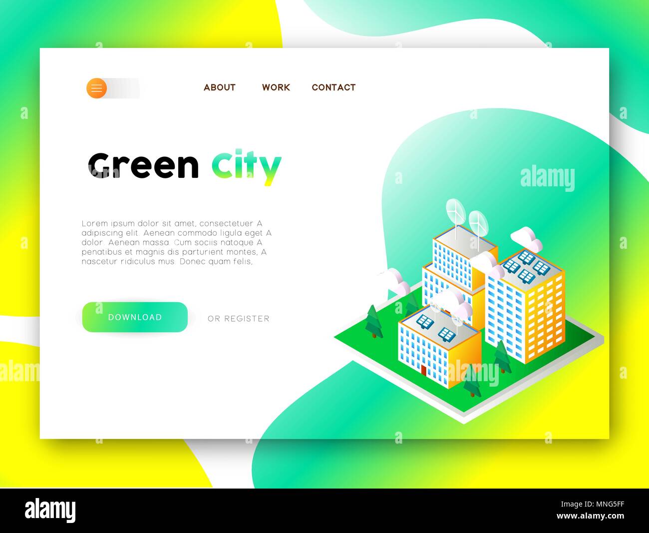 Grüne Stadt web App landing page. Website Vorlage für umweltfreundliche Gemeinschaft mit isometrischer Darstellung. EPS 10 Vektor. Stock Vektor