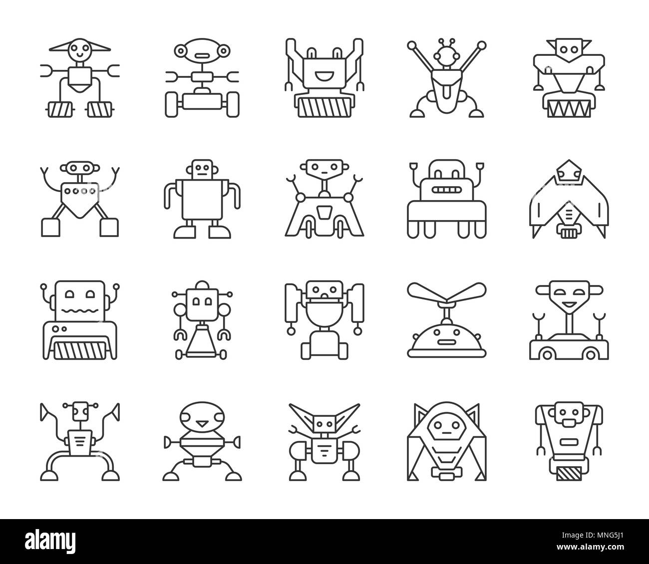 Roboter dünne Linie Symbole gesetzt. Überblick Web sign Kit von Spielzeug. Charakterlinie icon Sammlung umfasst Transformator, Cyborg, Maschine. Isolierte einfache Roboter bl Stock Vektor