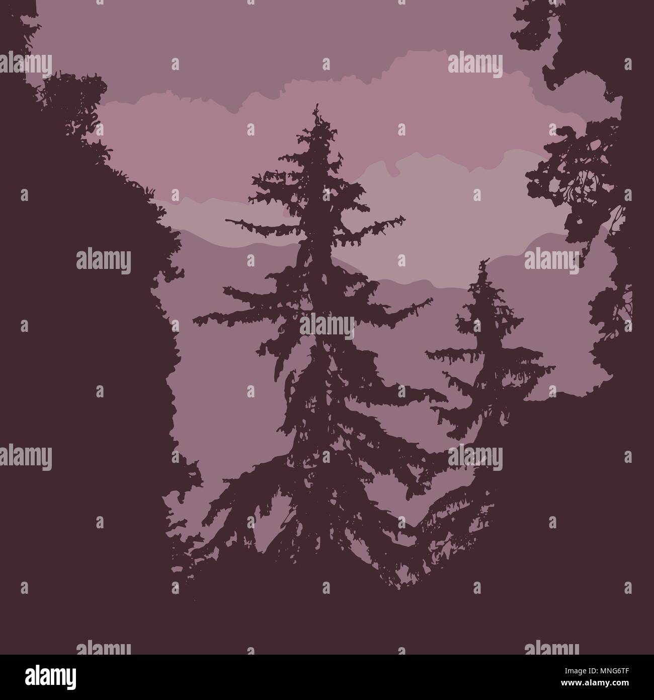 Vektor Silhouette eines Waldes mit Nadelbäumen, unter einem violetten Himmel mit Wolken, mit Platz für Ihren Text Stock Vektor