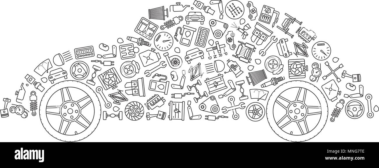 Zeile für Symbole für Auto Teile und Dienstleistungen in der Form von einem Oldtimer Stock Vektor