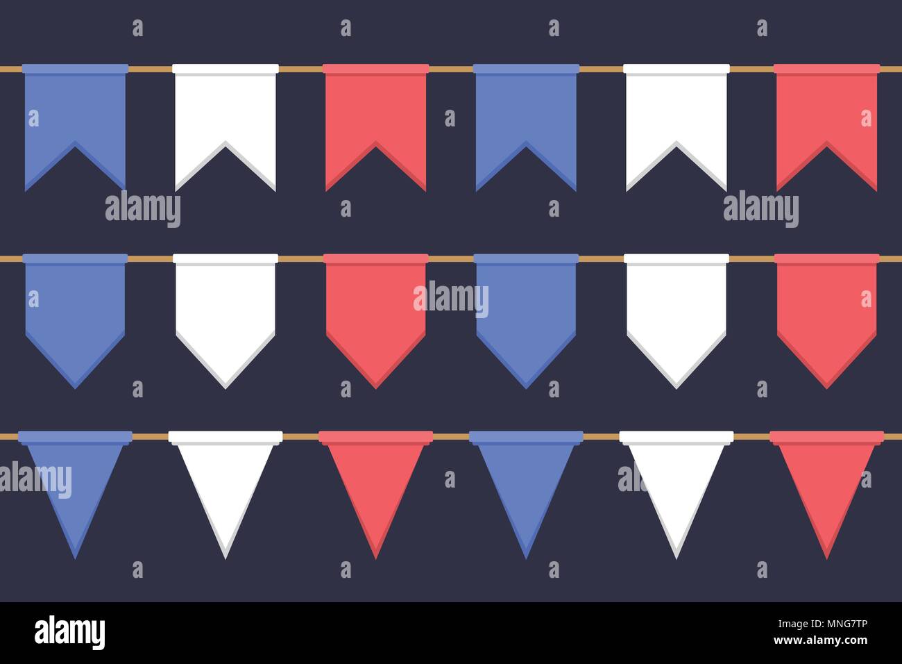 Satz von Girlanden mit Feier Flagge Kette, weißen, blauen, roten Fähnchen auf dunklem Hintergrund, Fußzeile und Banner für die Dekoration Stock Vektor