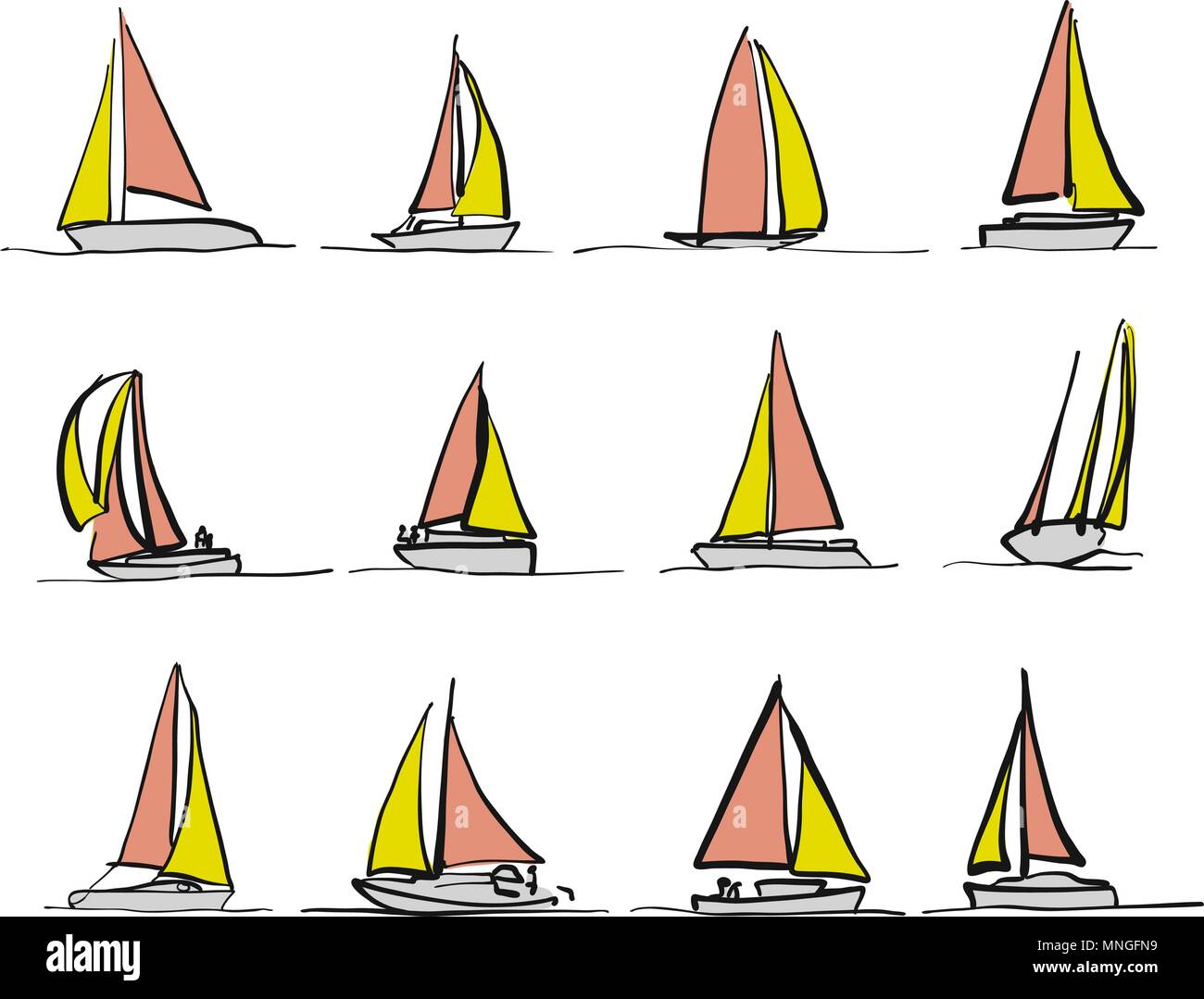 Farbige Segelboot Zeichnungen, bicolor Vektor Skizzen Stock Vektor