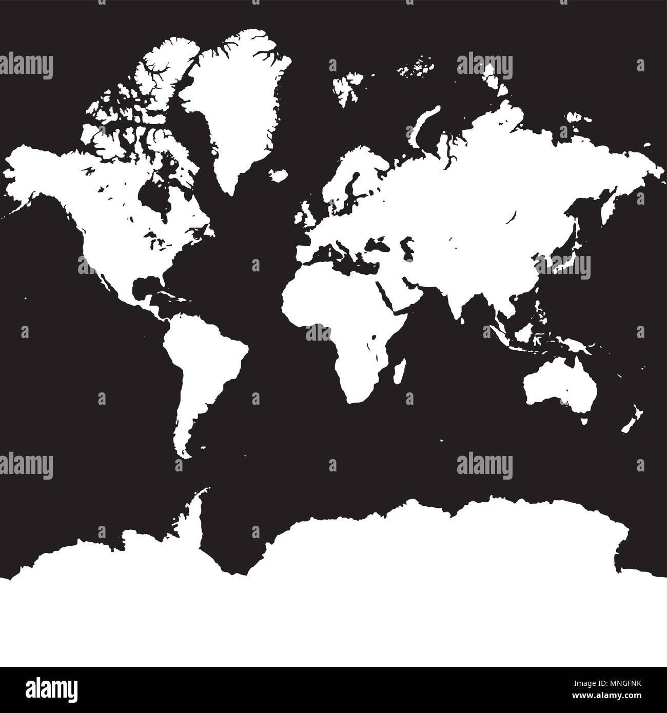 Weltkarte Silhouette auf Platz schwarzer Hintergrund, Vektorkarte mit Antarktis Stock Vektor