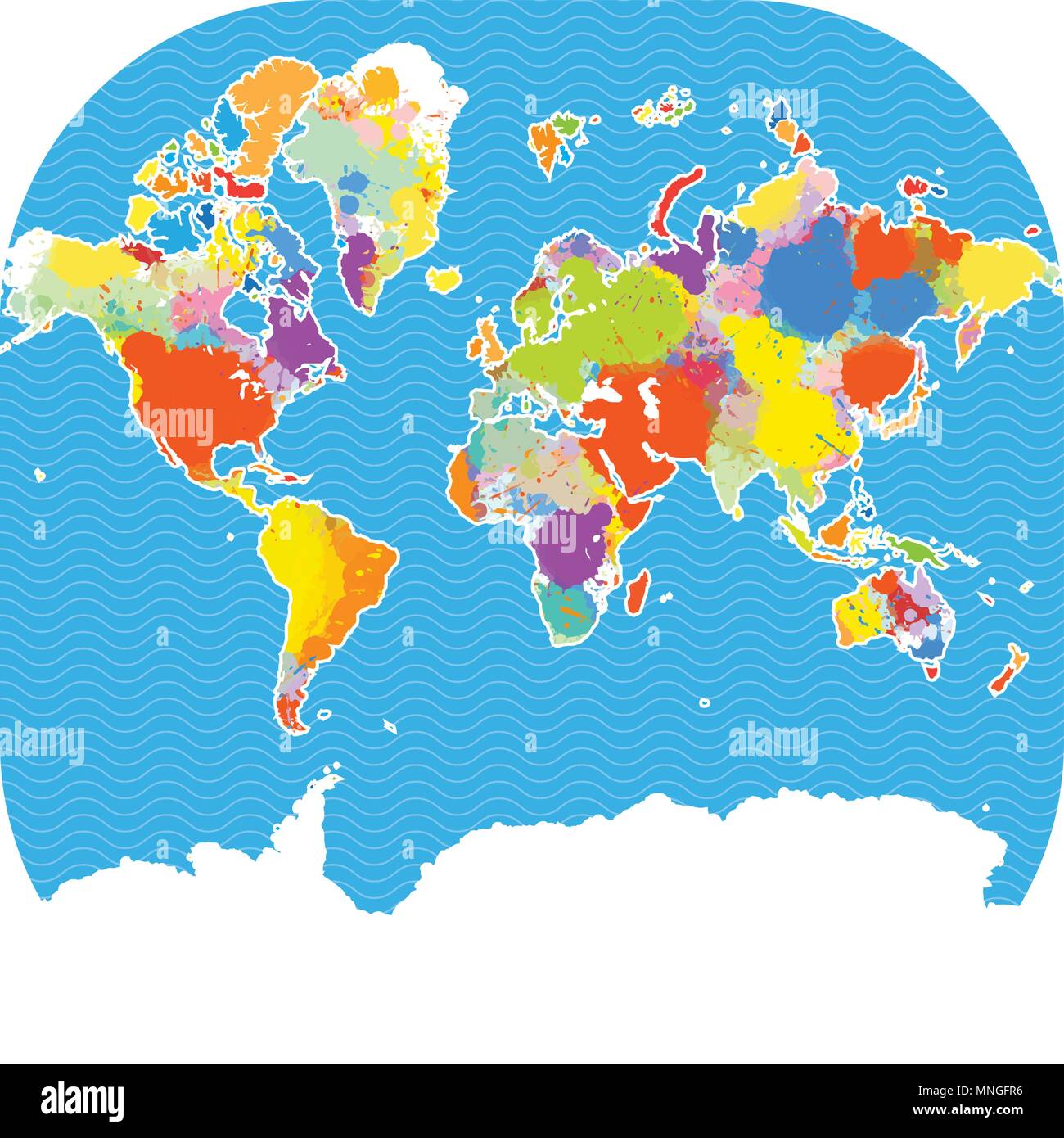 Bunte Welt Karte mit Vector splatters und blauem Hintergrund Stock Vektor
