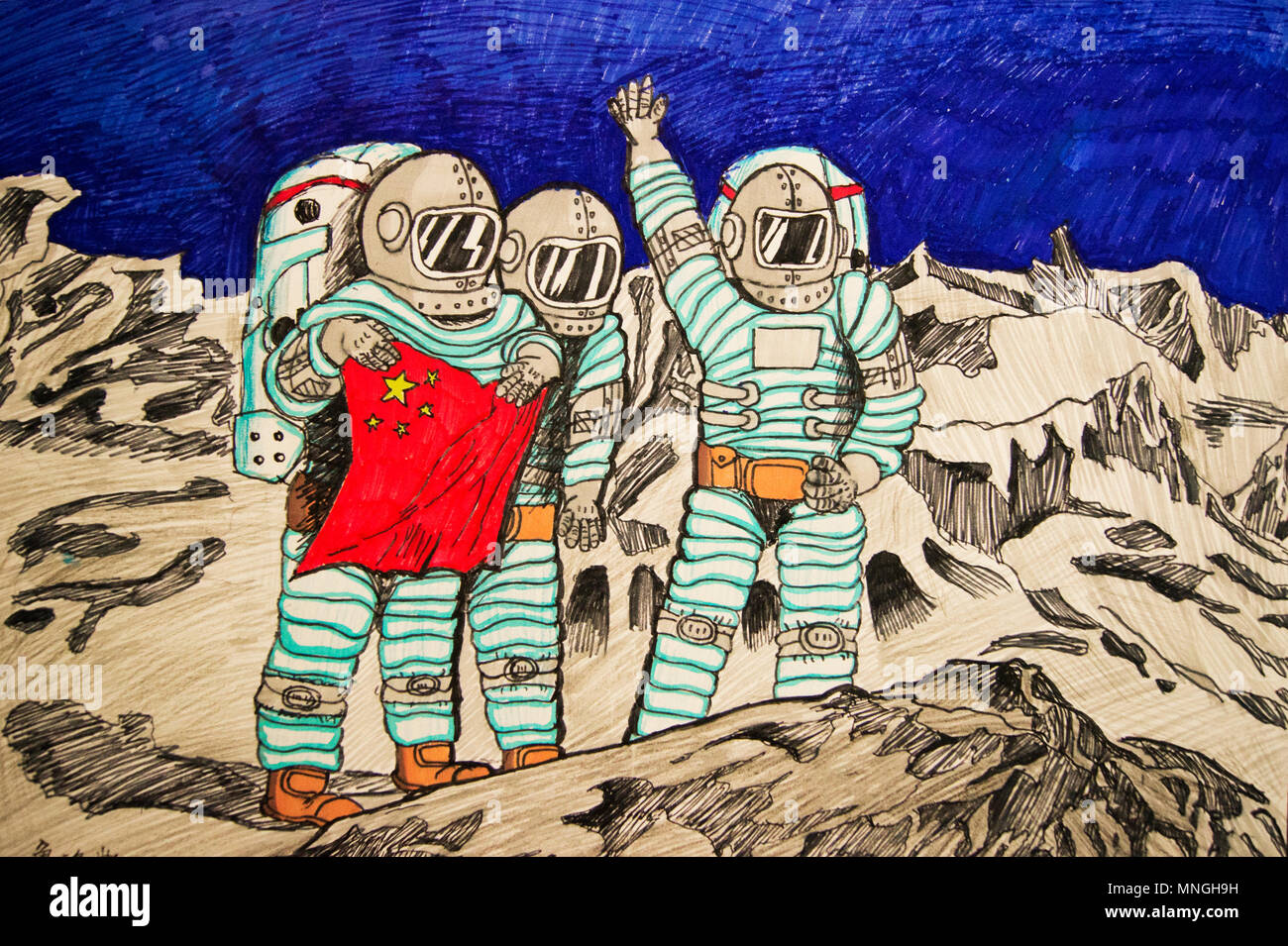Ein Gemälde der Darstellung der chinesischen Astronauten auf dem Mond angezeigt am 5. Nationalen Raum Kunst Ausstellung in Peking, China, während der 64Th IAC statt. Stockfoto