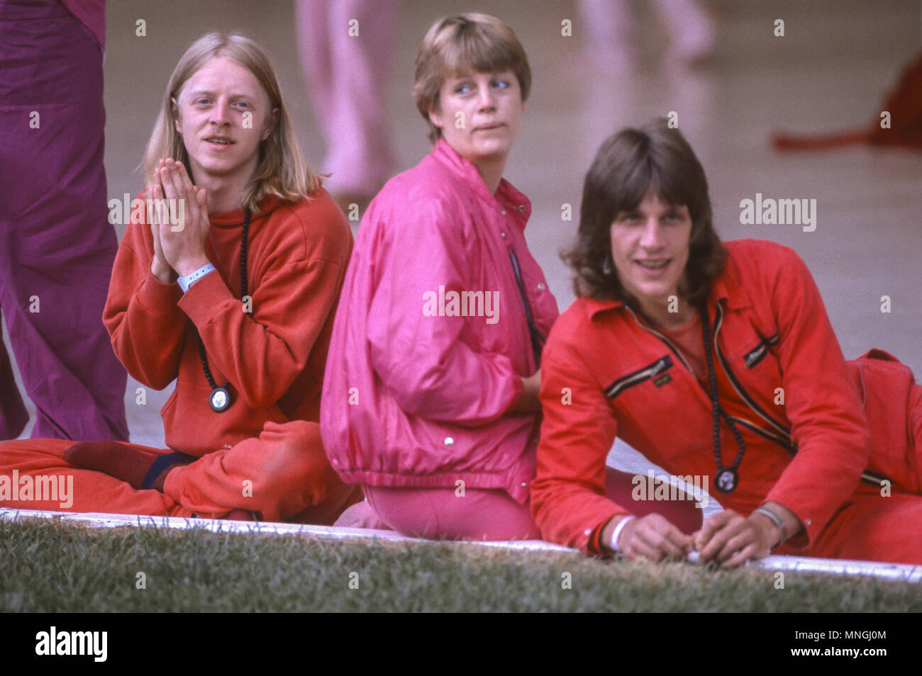 RAJNEESHPURAM, OREGON, USA - Rajneeshees, Anhänger von religiösen Sektenführer Bhagwan Shree Rajneesh. 1982 Stockfoto