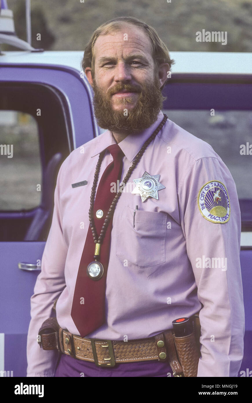 RAJNEESHPURAM, OREGON, USA - Rajneesh Friedenstruppe, die Polizei bei der Siedlung der religiösen Sektenführer Bhagwan Shree Rajneesh in zentralen Oregon. 1984 Stockfoto